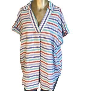 LIZ CLAIBORNE V NECK STRIPPED NAUTICAL LINEN BLOUSE WOMEN XL